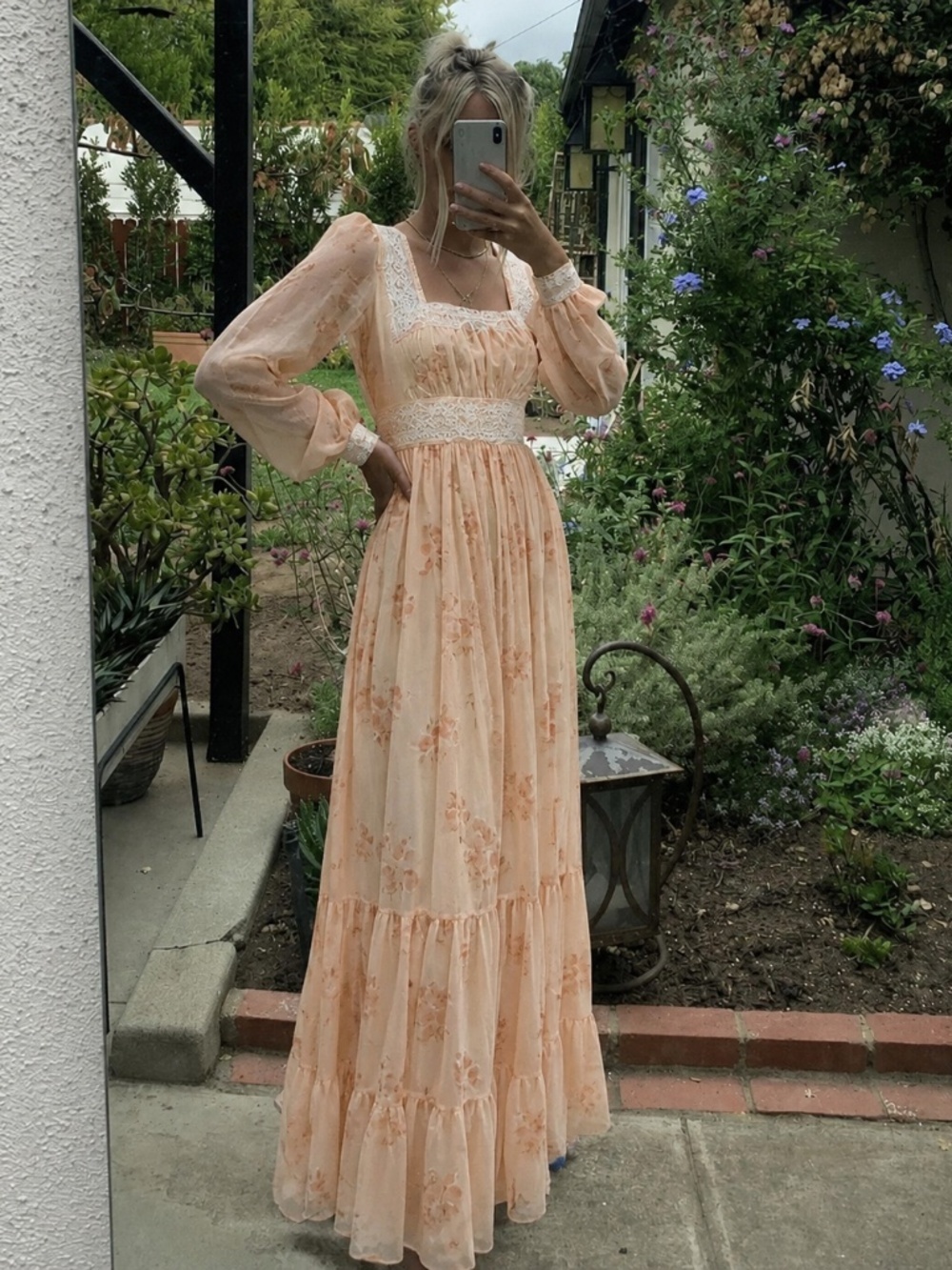 70s Gunne Sax by Jessica McClintock Maxi Dress Size XS 9 Orange Floral Boho